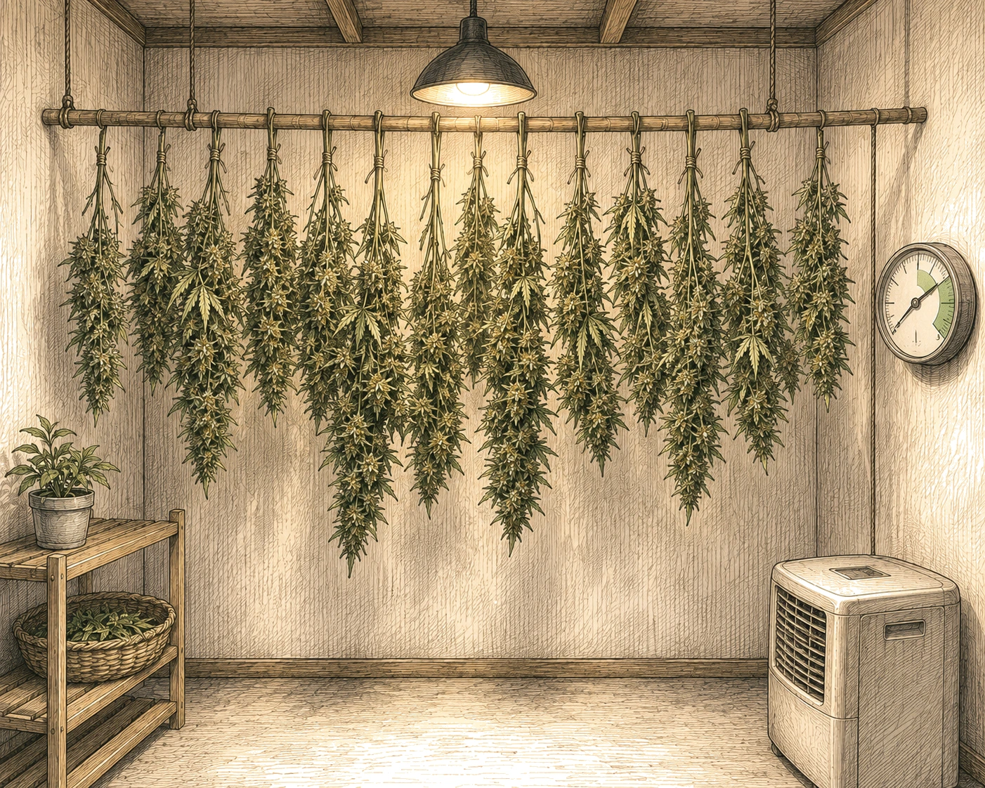 Cannabis Trockenraum hängende Äste Hygrometer