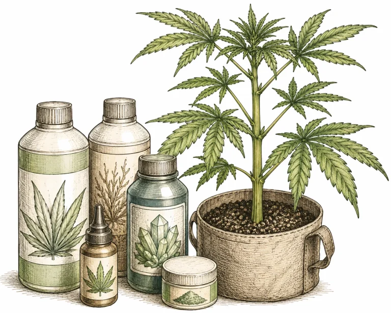 Dünne Stiele: Verschiedene Düngemittelflaschen für Cannabis