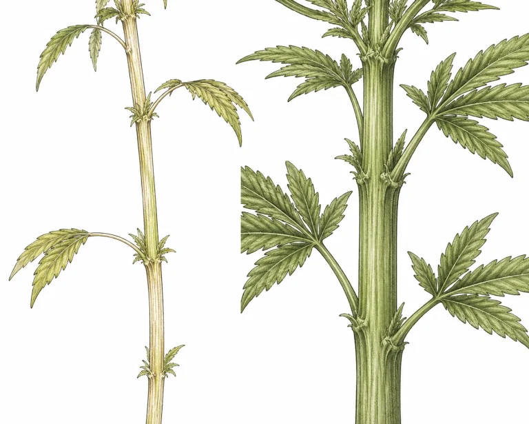Nahaufnahme eines dünnen,  leicht gelblichen Cannabis-Stiels mit großem Abstand zwischen den Nodien
