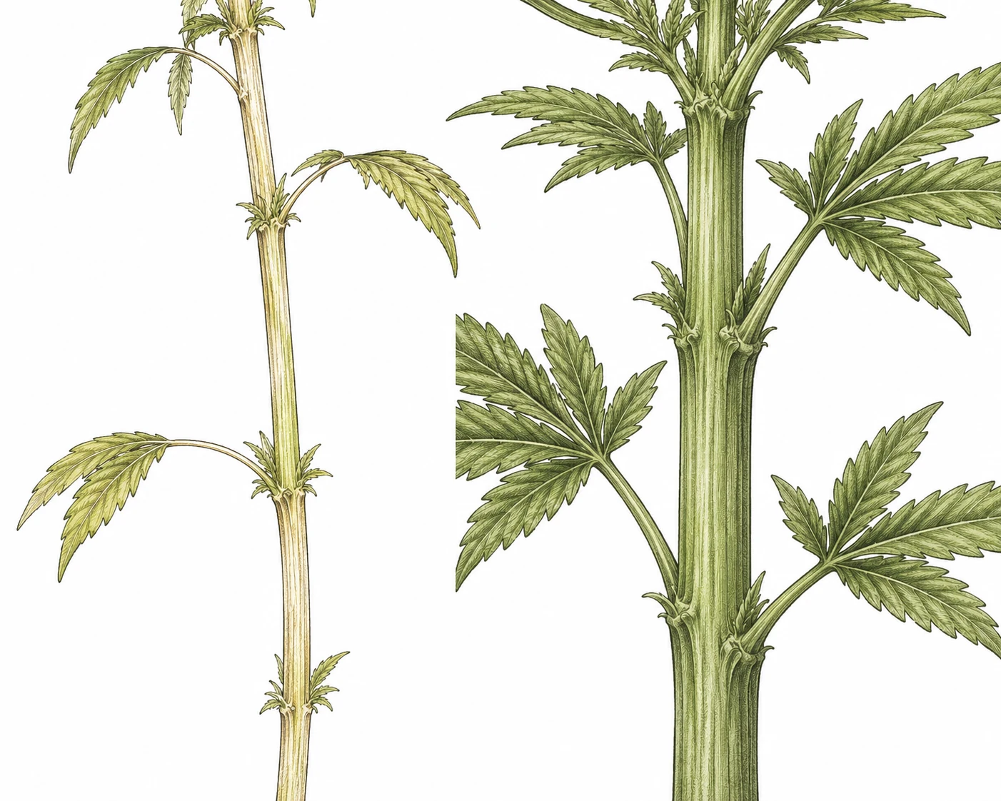 Nahaufnahme eines dünnen,  leicht gelblichen Cannabis-Stiels mit großem Abstand zwischen den Nodien