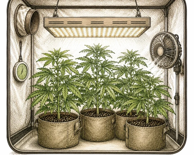 Dünne Stiele: Gesundes Cannabis-Grow-Setup mit optimal positionierter LED-Lampe