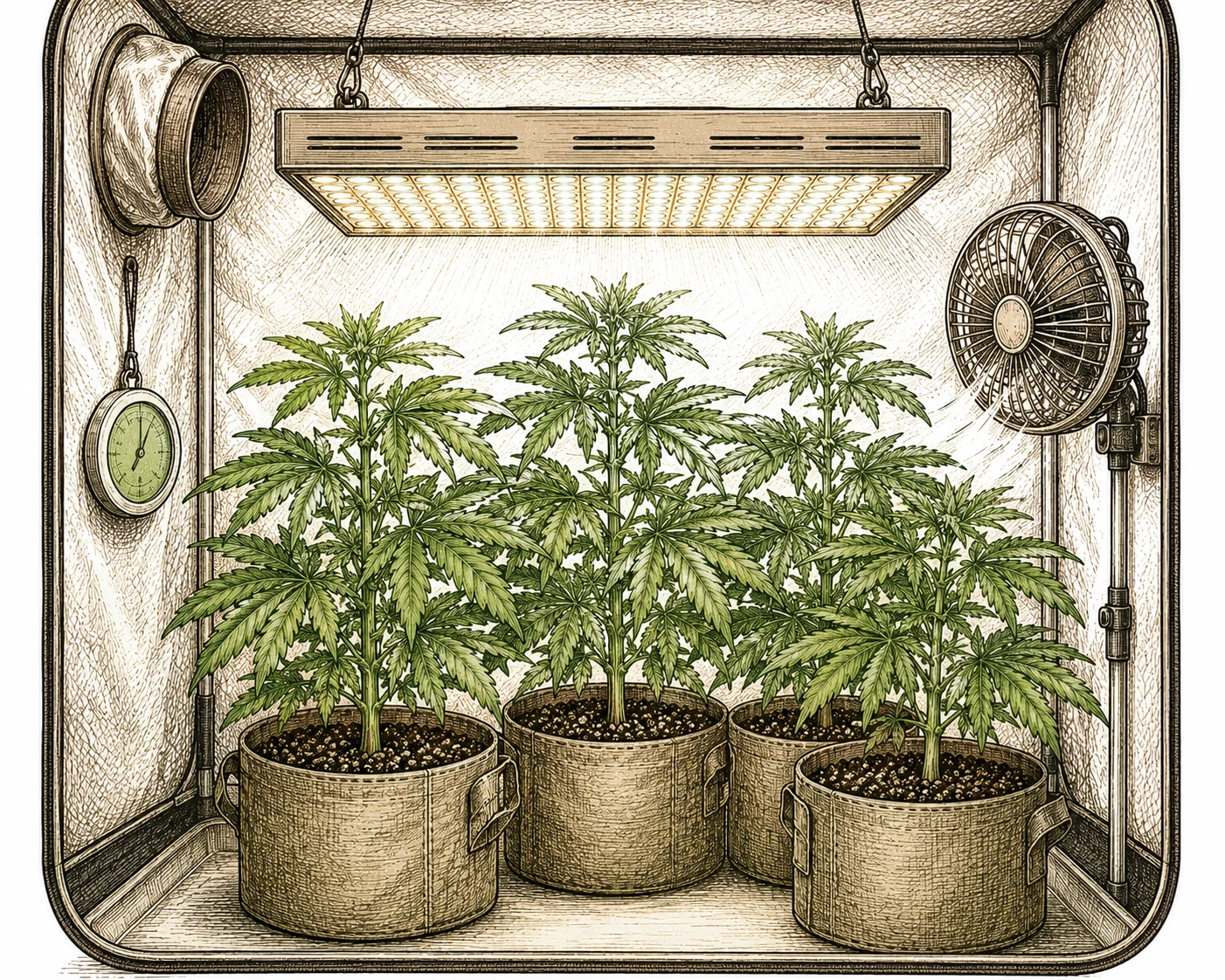 Dünne Stiele: Gesundes Cannabis-Grow-Setup mit optimal positionierter LED-Lampe