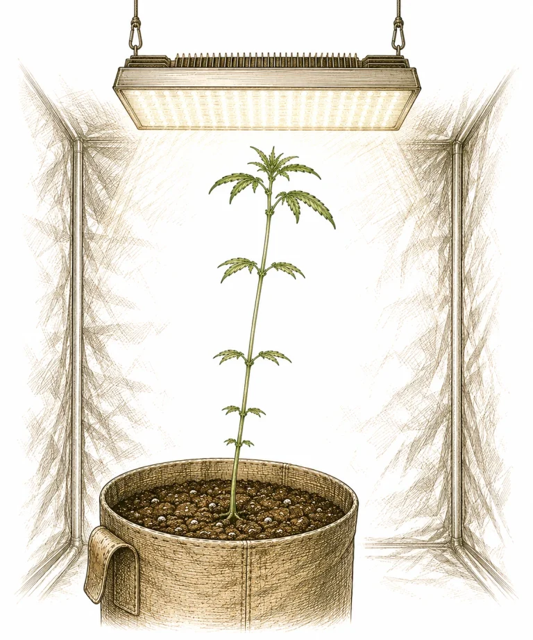 Dünne Stiele: Cannabis-Setzling unter einer zu schwachen oder zu weit entfernten Lampe