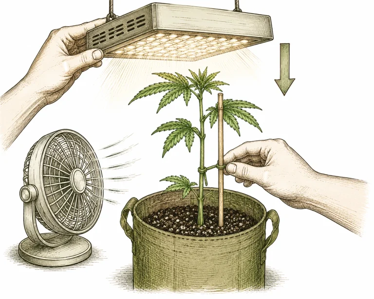 Dünne Stiele: Cannabis-Setzling wird mit einem Bambusstäbchen gestützt