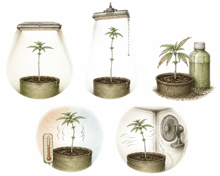 Infografik mit den fünf häufigsten Ursachen für dünne Cannabis-Stiele: Lichtmangel