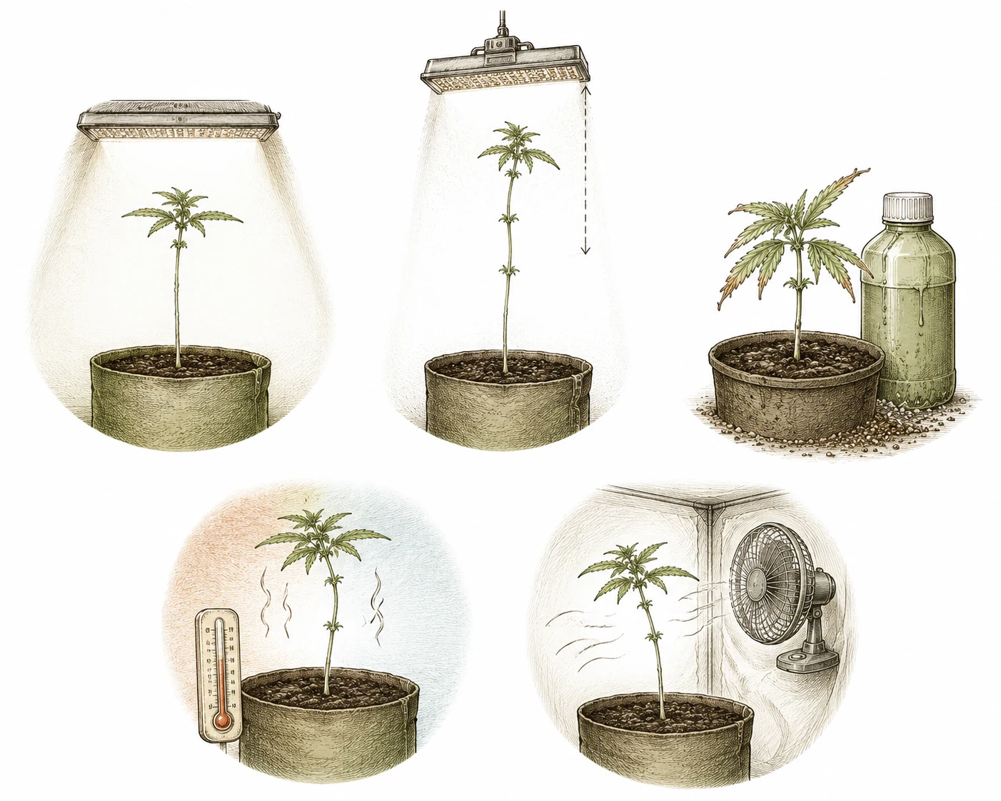 Infografik mit den fünf häufigsten Ursachen für dünne Cannabis-Stiele: Lichtmangel