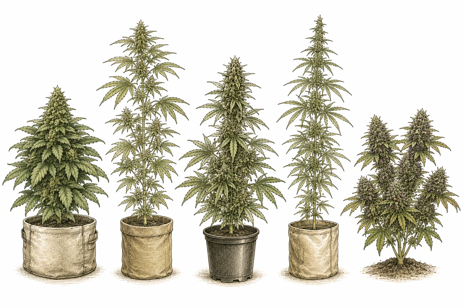 Fünf Cannabis Sorten Übersicht Collage Infografik
