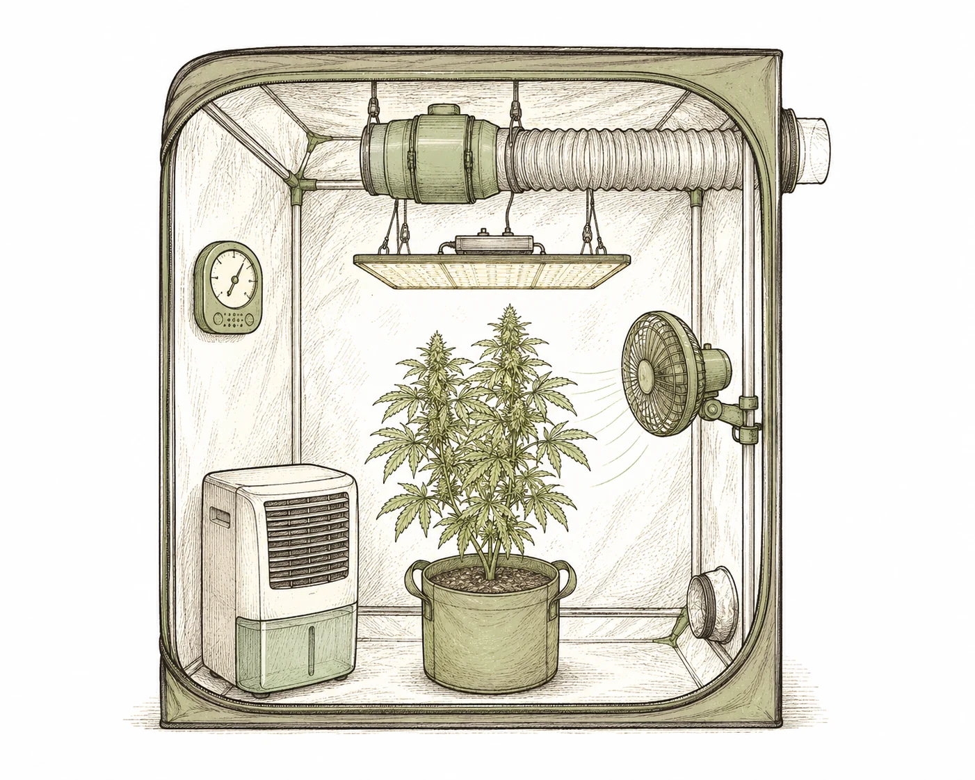 Luftentfeuchter Growbox: Schematische Darstellung einer Growbox mit eingezeichneten Positionen für Entfeuchter