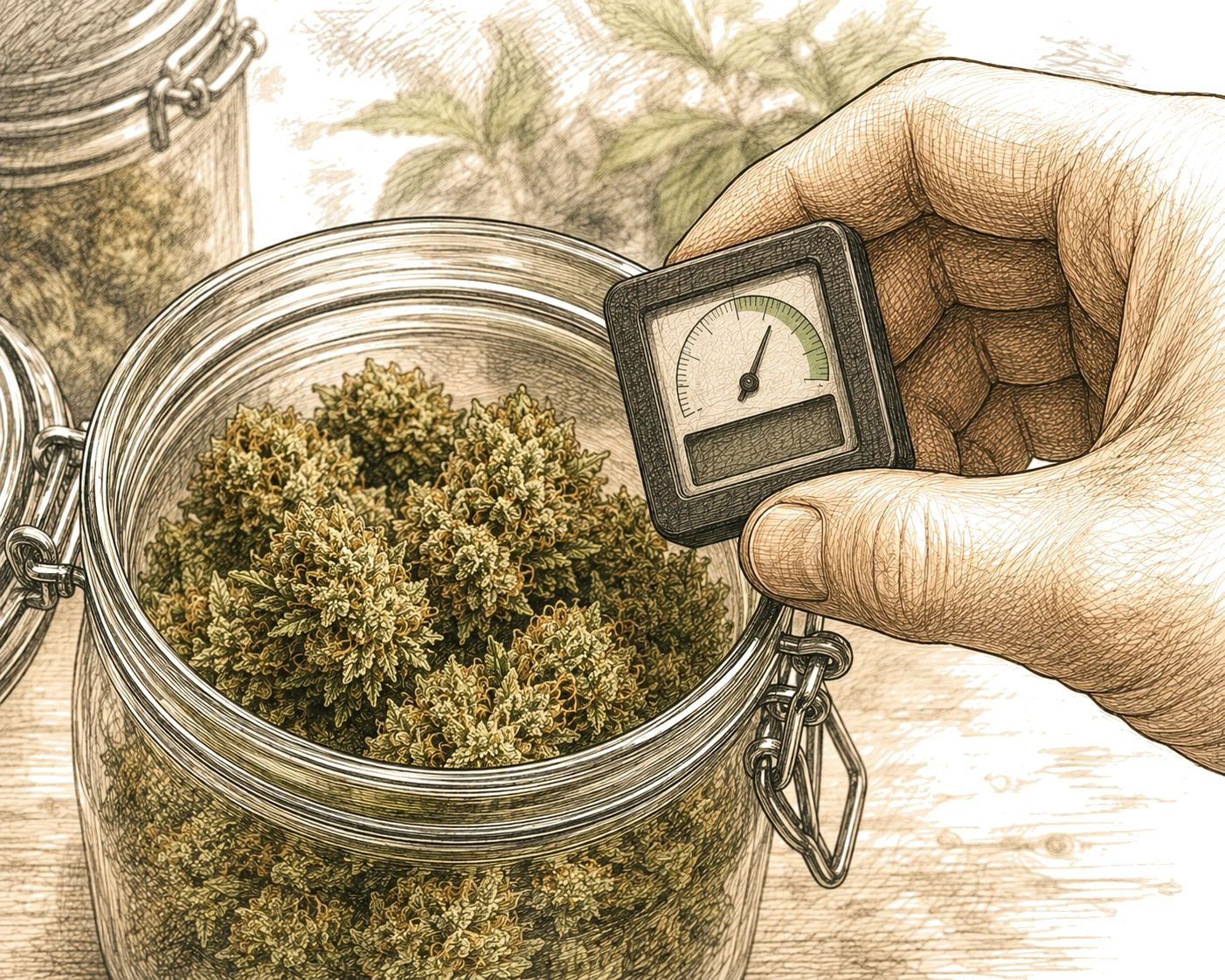 Hand hält Hygrometer an Cannabis Einmachglas Curing