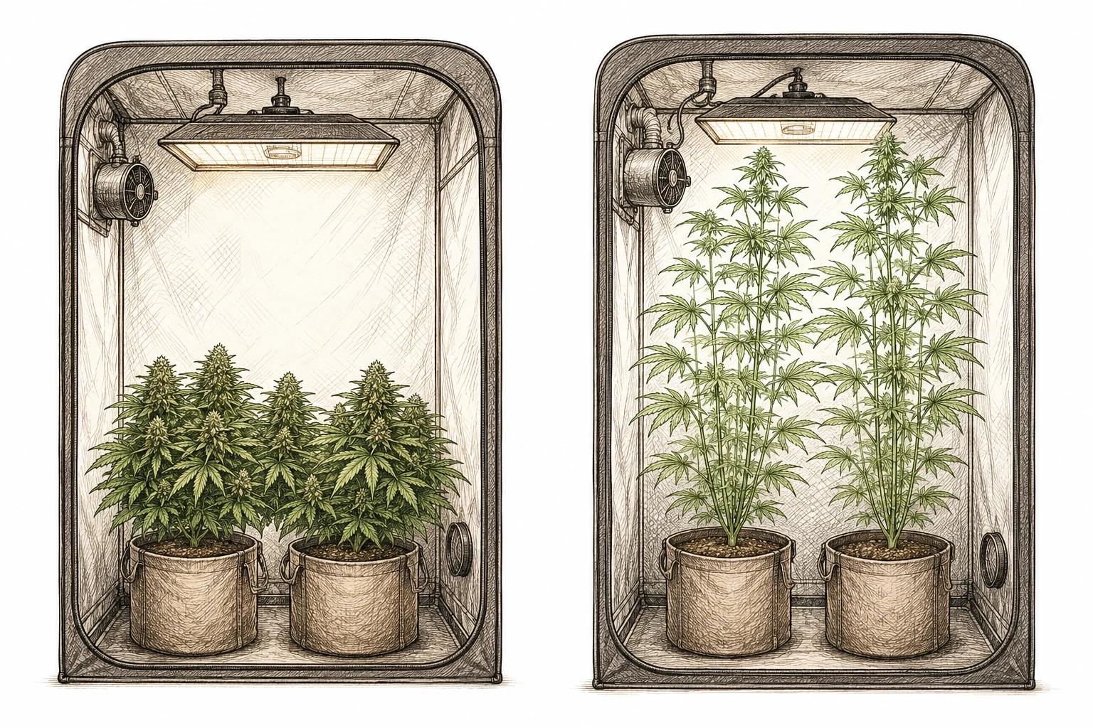 Indica kompakter Wuchs vs. Sativa Hochwuchs im Growzelt