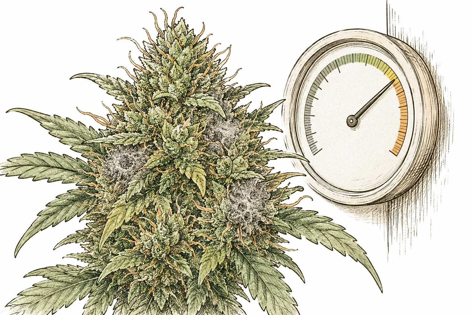 Luftentfeuchter Growbox: Nahaufnahme von Cannabis-Blüten mit ersten Anzeichen von Botrytis-Schimmel neben einem Hygrometer