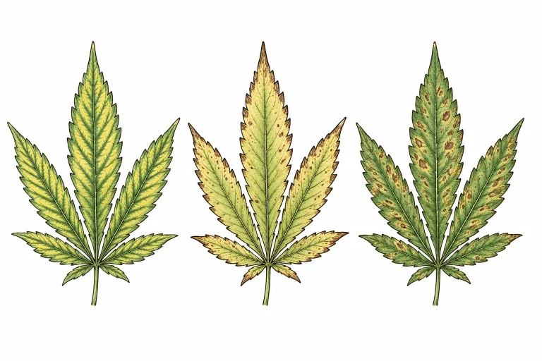 CalMag Mangel: Vergleichsübersicht: Cannabisblätter mit verschiedenen Mangelerscheinungen nebeneinander