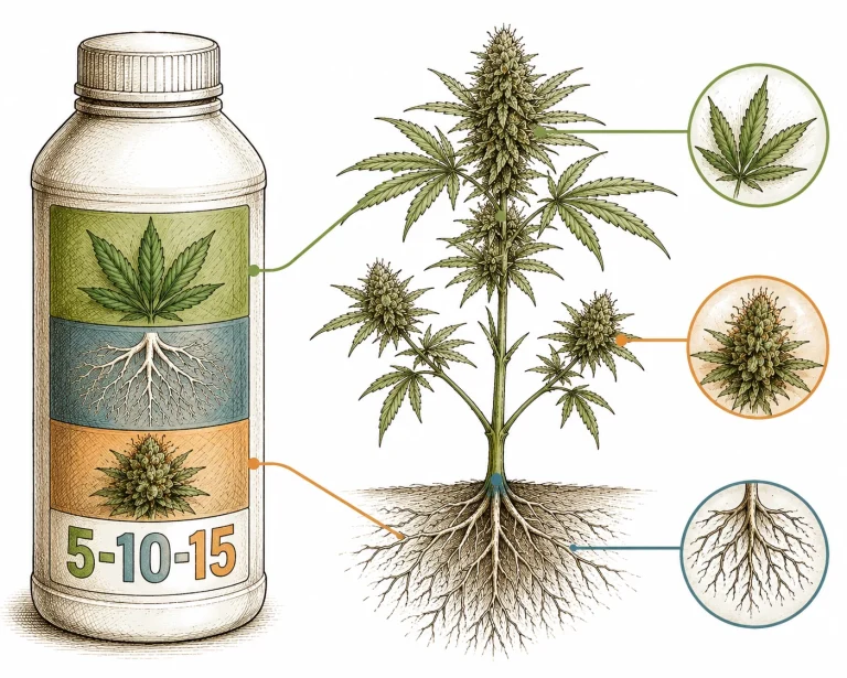Cannabis Dünger Etikett mit NPK-Verhältnis und Pflanzenfunktionen