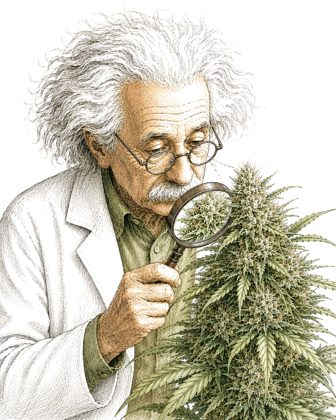 Plantage Doc prüft mit Lupe Cannabis Blüte Trichome