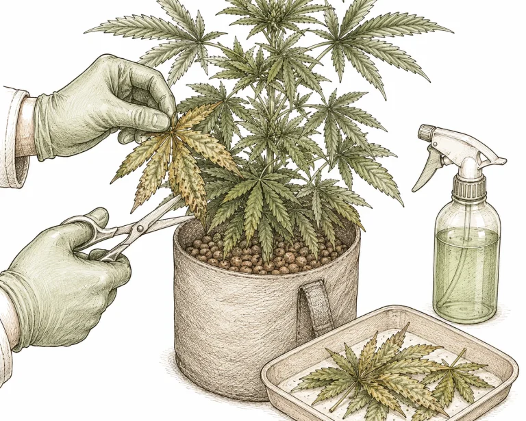 Septoria Cannabis: Grower entfernt befallene Blätter von einer Cannabispflanze mit steriler Schere