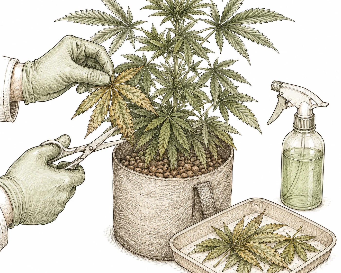 Septoria Cannabis: Grower entfernt befallene Blätter von einer Cannabispflanze mit steriler Schere