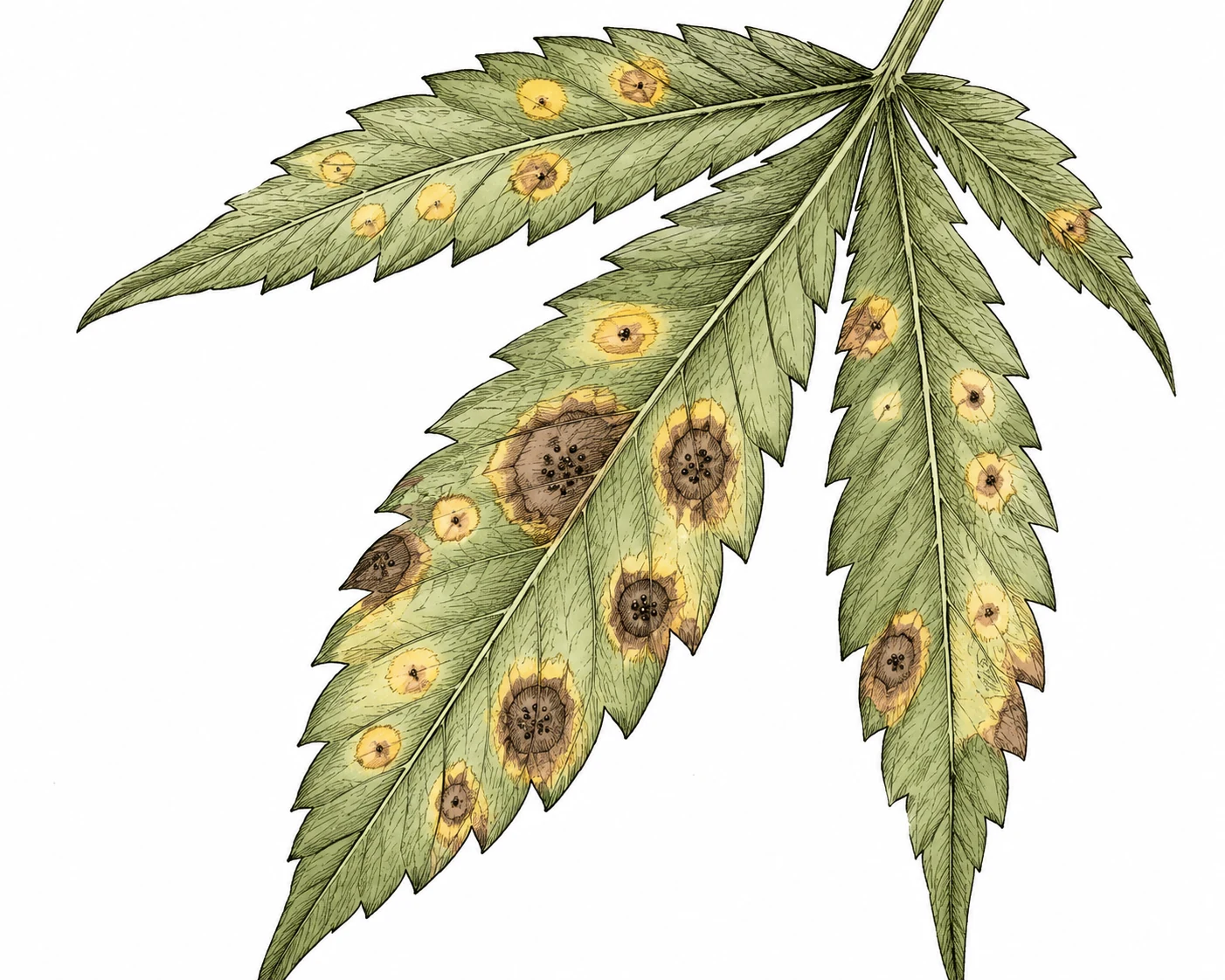 Nahaufnahme eines Cannabisblattes mit mehreren kreisrunden Septoria-Flecken in verschiedenen Stadien