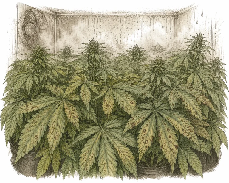 Septoria Cannabis: Grow-Bereich mit dichter Blattstruktur und hoher Luftfeuchtigkeit