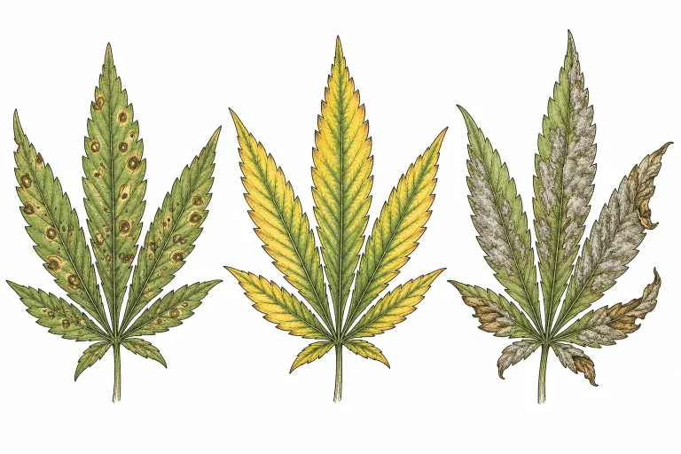 Septoria Cannabis: Vergleichsbild: Cannabis-Blätter mit verschiedenen Problemen nebeneinander