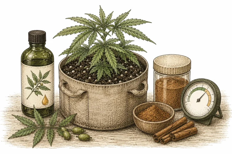 Springschwänze Cannabis: Cannabis-Pflanze im Topf,  daneben Neem-Öl-Flasche