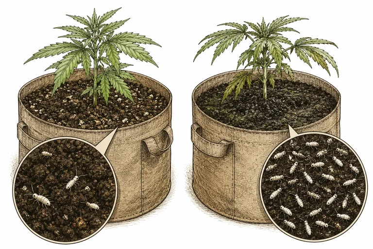 Springschwänze Cannabis: Infografik-Stil: zwei nebeneinanderstehende Töpfe mit Cannabis