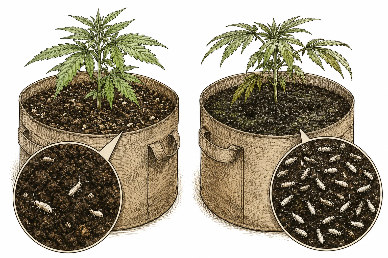 Springschwänze Cannabis: Infografik-Stil: zwei nebeneinanderstehende Töpfe mit Cannabis