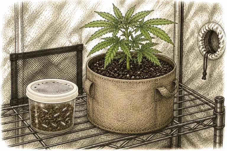 Dose mit lebenden Springschwänzen-Kultur auf einer Growbox-Ablage