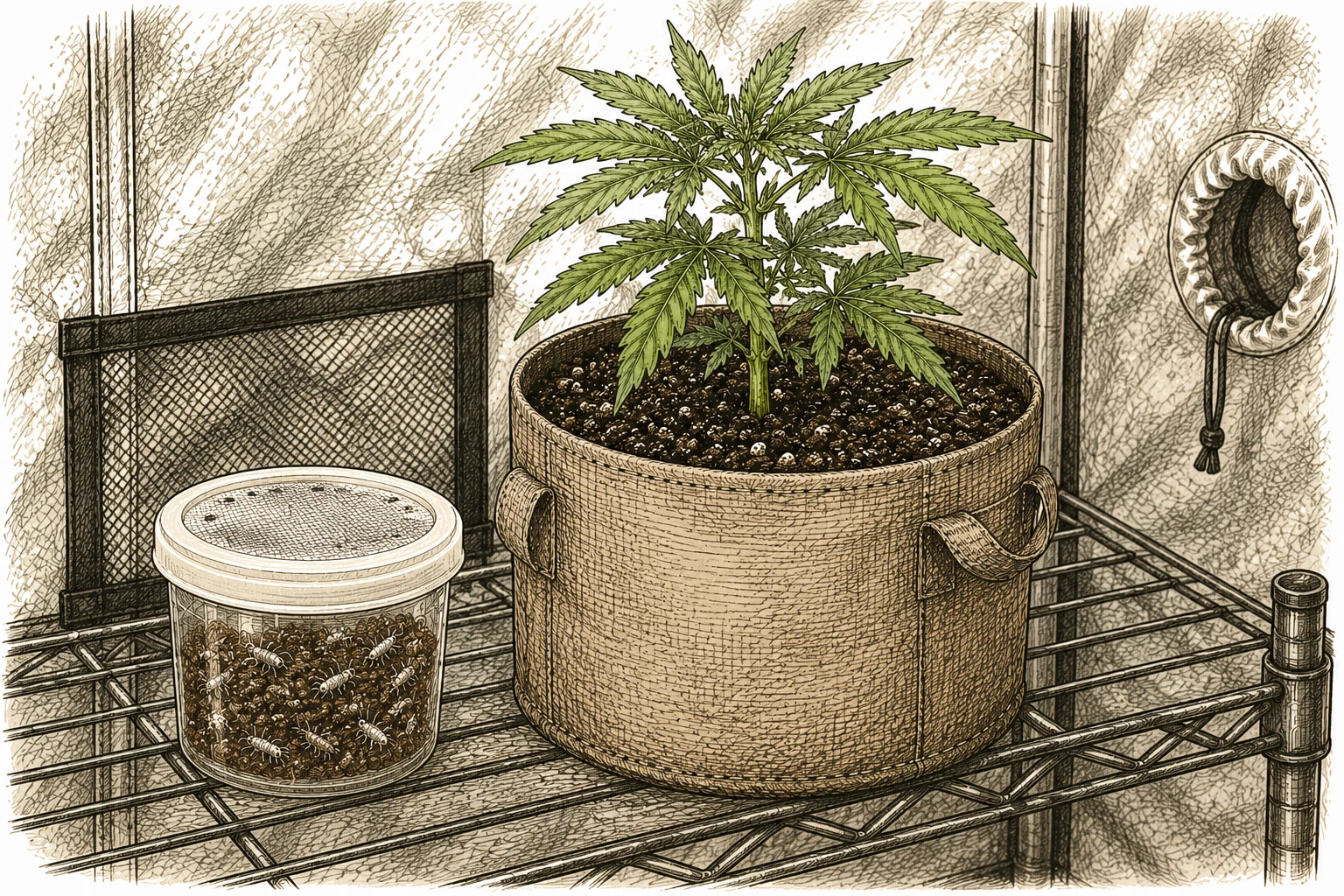 Dose mit lebenden Springschwänzen-Kultur auf einer Growbox-Ablage