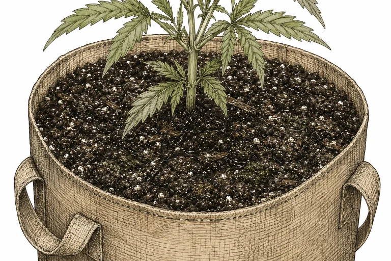 Springschwänze Cannabis: Dunkel gefärbtes,  überfeuchtes Cannabissubstrat in einem Topf mit sichtbaren weißen Punkten