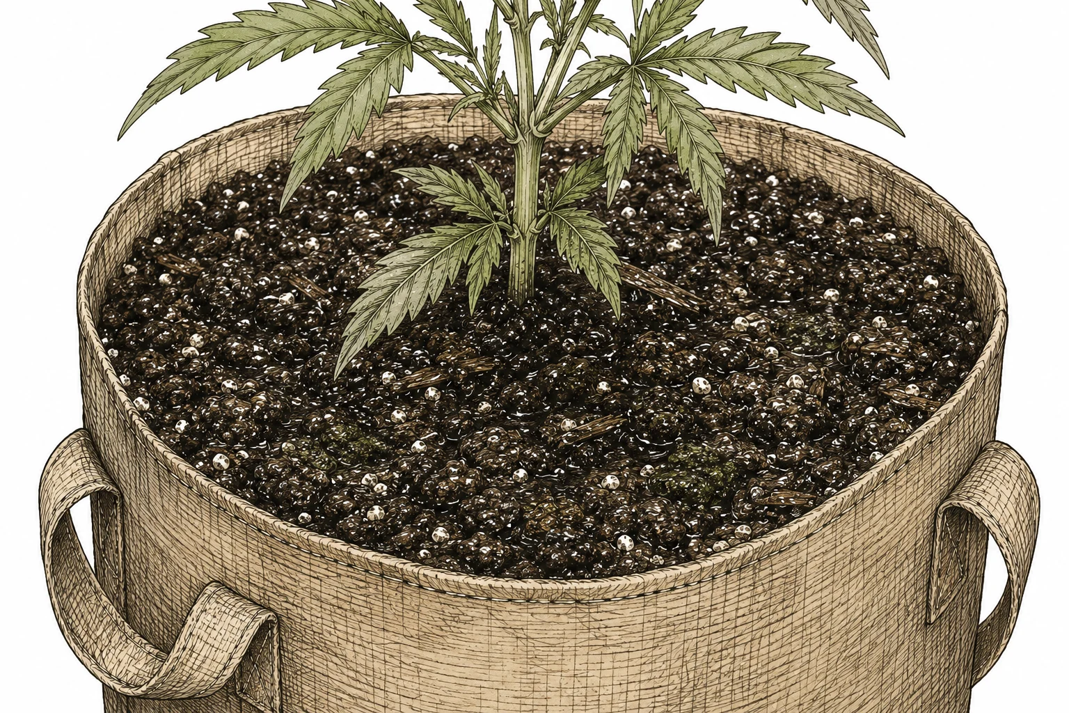 Springschwänze Cannabis: Dunkel gefärbtes, überfeuchtes Cannabissubstrat in einem Topf mit sichtbaren weißen Punkten