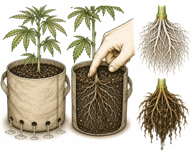 Cannabis-Topf mit sichtbaren Drainage-Löchern