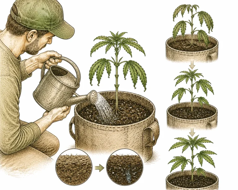 Grower gießt Cannabis-Pflanze langsam und gleichmäßig mit Wasser