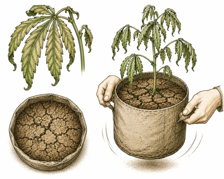 Cannabis Blätter hängen schlaff nach unten