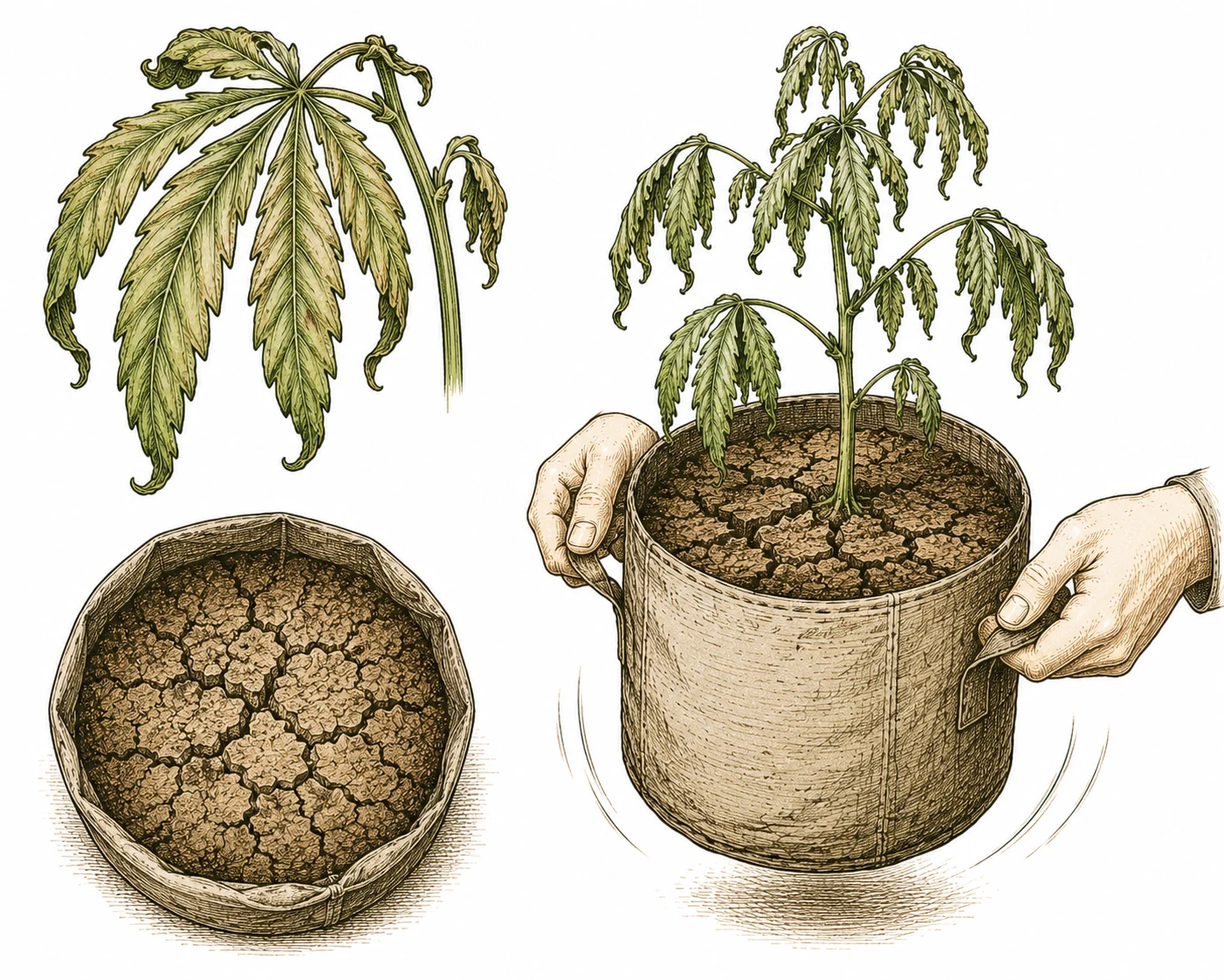 Cannabis Blätter hängen schlaff nach unten