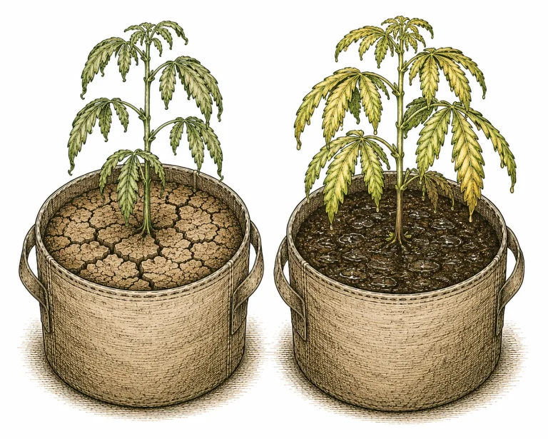 Zwei Cannabis-Töpfe nebeneinander: Links trocken-rissiges Substrat mit hängenden Blättern