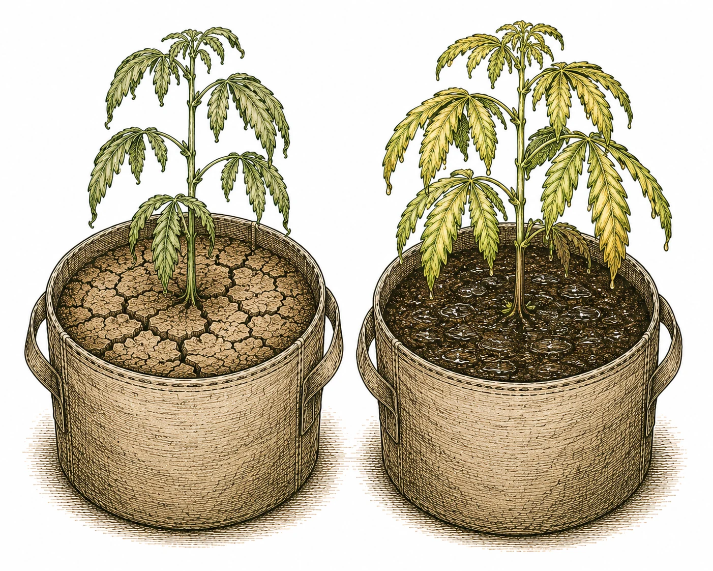Zwei Cannabis-Töpfe nebeneinander: Links trocken-rissiges Substrat mit hängenden Blättern