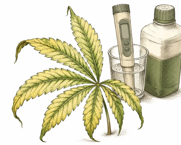 Welke Pflanzen: Cannabis-Blatt mit Chlorose und leicht hängender Haltung