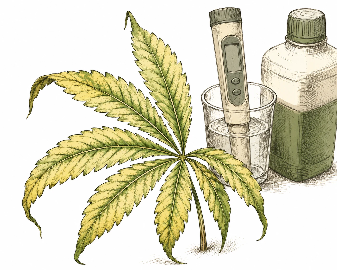 Welke Pflanzen: Cannabis-Blatt mit Chlorose und leicht hängender Haltung