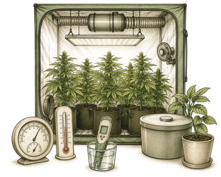 Welke Pflanzen: Gesundes grünes Growzelt mit aufrecht stehenden Cannabis-Pflanzen