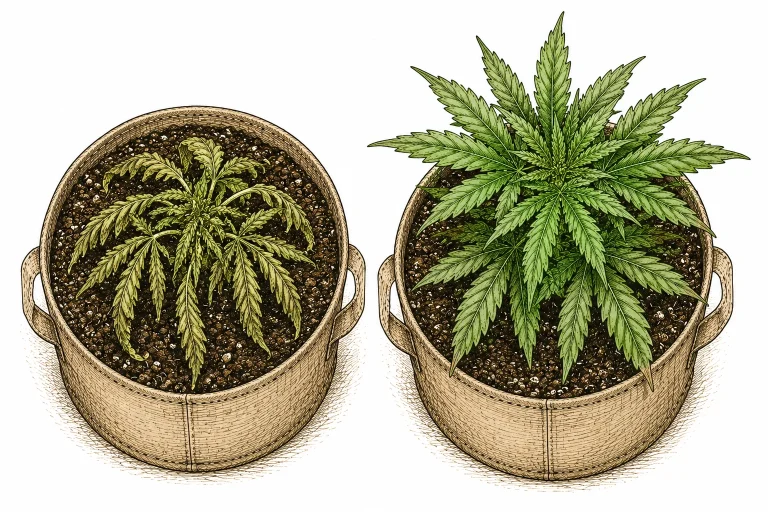 Welke Pflanzen: Cannabis-Pflanze mit schlaffen Blättern von oben