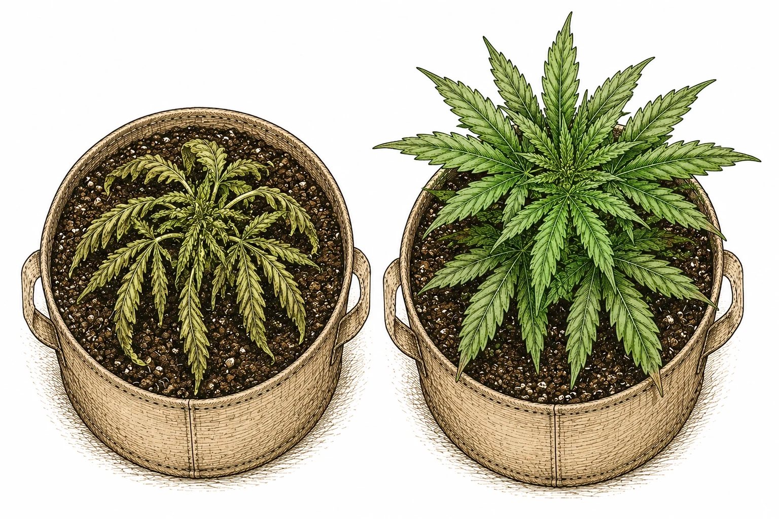Welke Pflanzen: Cannabis-Pflanze mit schlaffen Blättern von oben