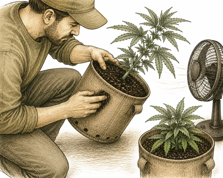 Welke Pflanzen: Grower kippt Topf und prüft Erde auf Feuchtigkeit