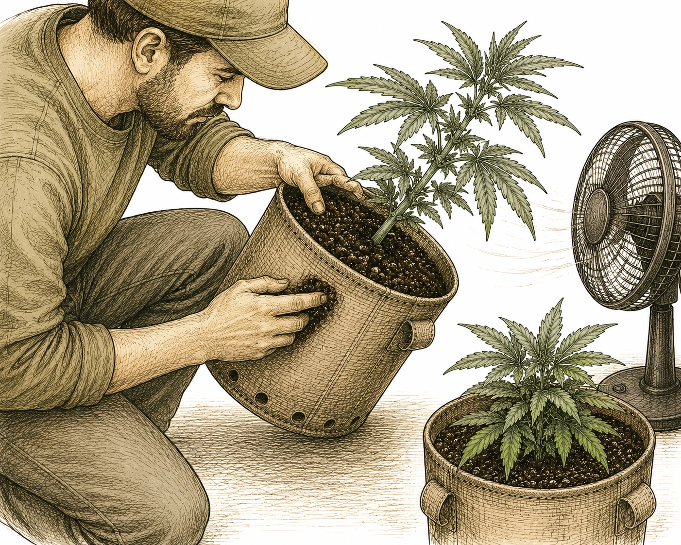 Welke Pflanzen: Grower kippt Topf und prüft Erde auf Feuchtigkeit