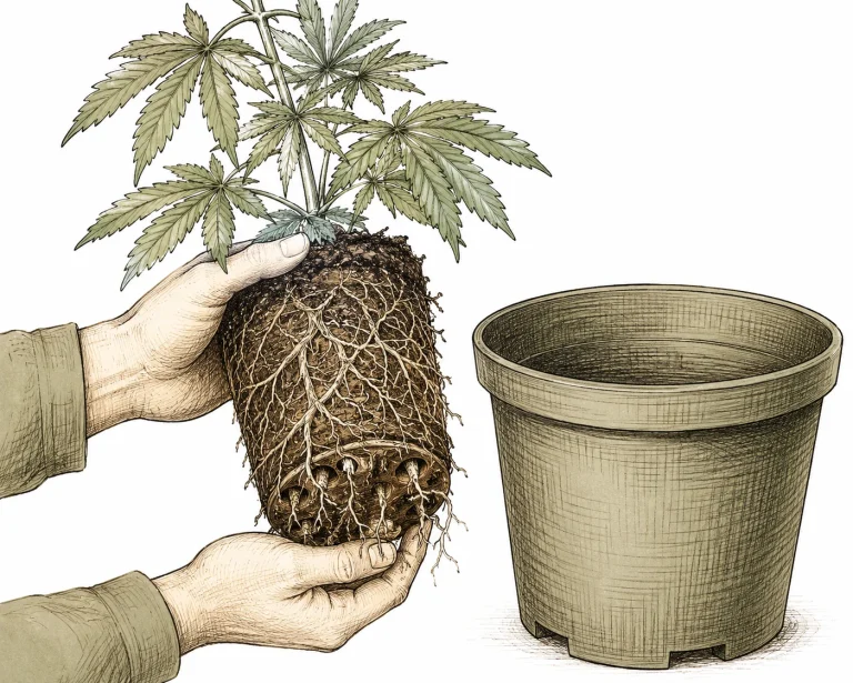 Welke Pflanzen: Hände halten Cannabis-Pflanze aus einem zu kleinen Topf