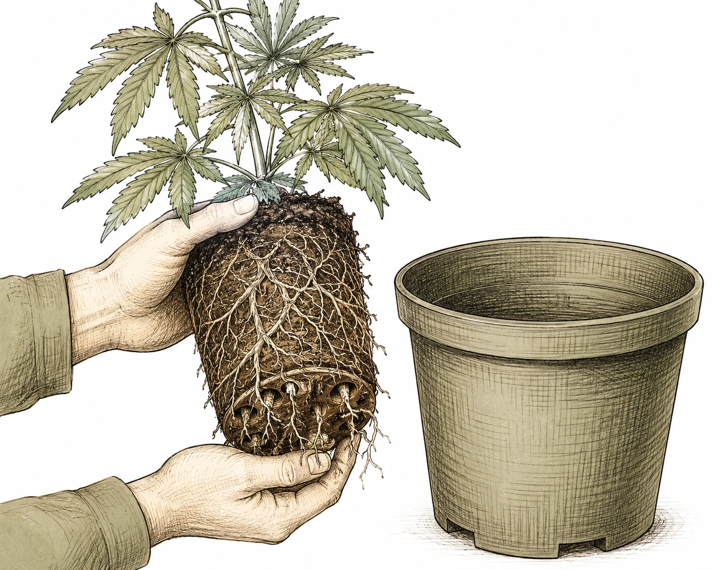 Welke Pflanzen: Hände halten Cannabis-Pflanze aus einem zu kleinen Topf