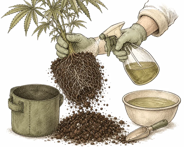 Wurzelläuse Cannabis: Grower behandelt Cannabis-Topf mit Neem-Lösung