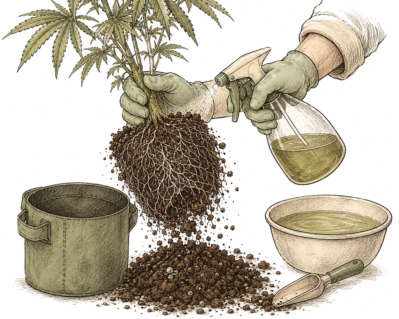 Wurzelläuse Cannabis: Grower behandelt Cannabis-Topf mit Neem-Lösung