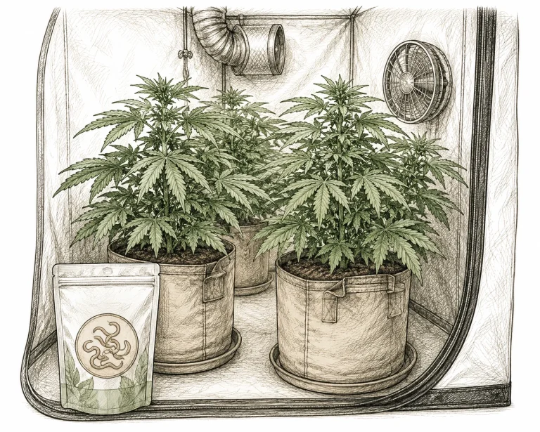 Wurzelläuse Cannabis: Kleine Nematoden-Packung neben Cannabis-Töpfen mit grünen gesunden Pflanzen