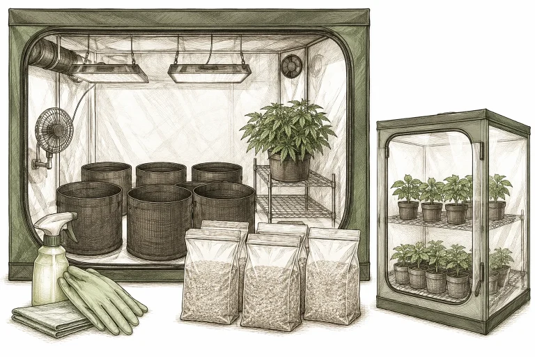 Wurzelläuse Cannabis: Saubere Growbox mit frisch desinfizierten Töpfen