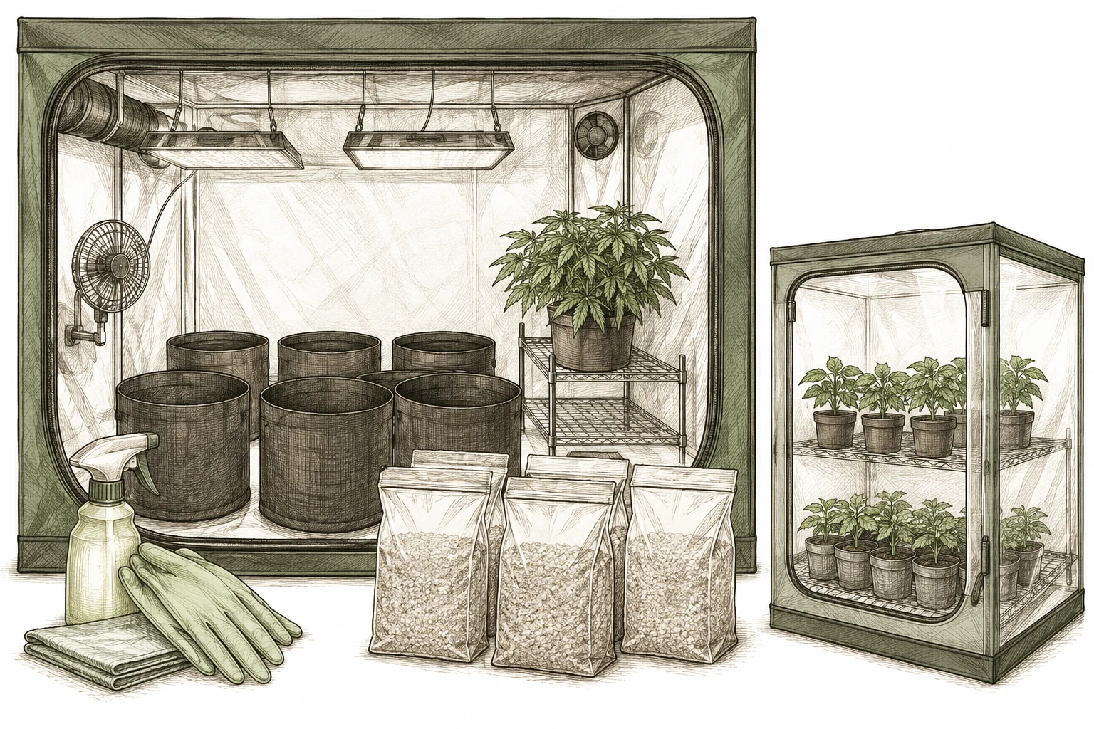 Wurzelläuse Cannabis: Saubere Growbox mit frisch desinfizierten Töpfen